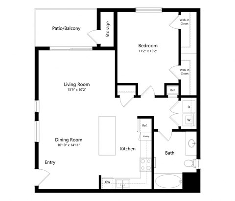 Floor plan for 1 bed, 1 bath, 846 sqft